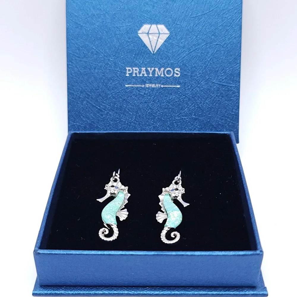 Praymos Seahorse Dangle Earrings Aqua Enamel Silver Tone Nautical Drop Pair - Picture 3 of 5